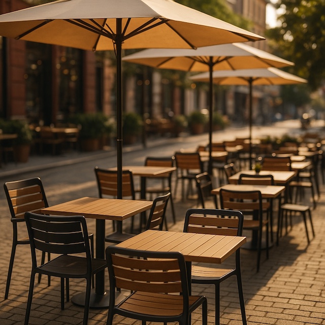 Terrasse de restaurant élégante en été avec tables en bois et métal, chaises confortables et parasols sobres, baignée par une lumière dorée de fin d’après-midi.