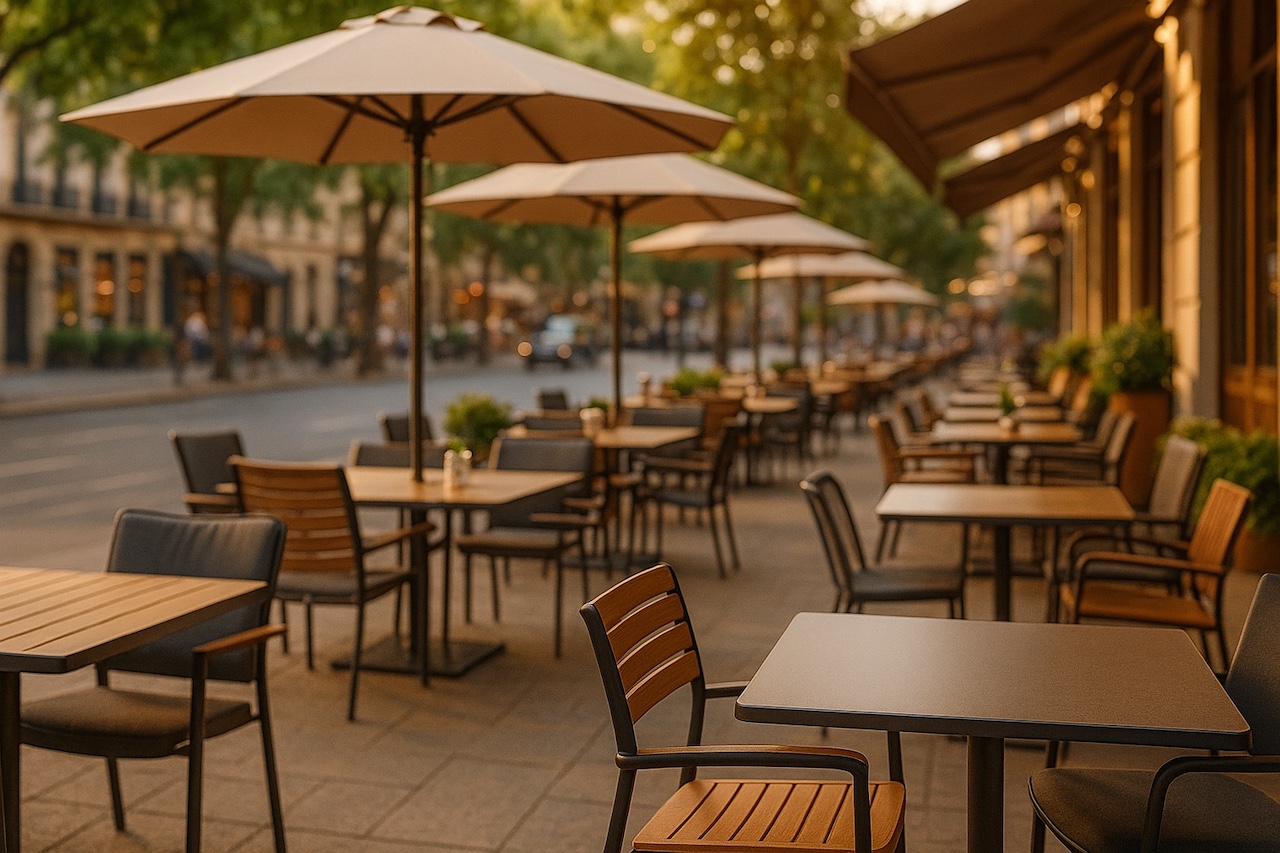 mobilier-terrasse-restaurant-2 Terrasse de restaurant élégante en été avec tables en bois et métal, chaises confortables et parasols sobres