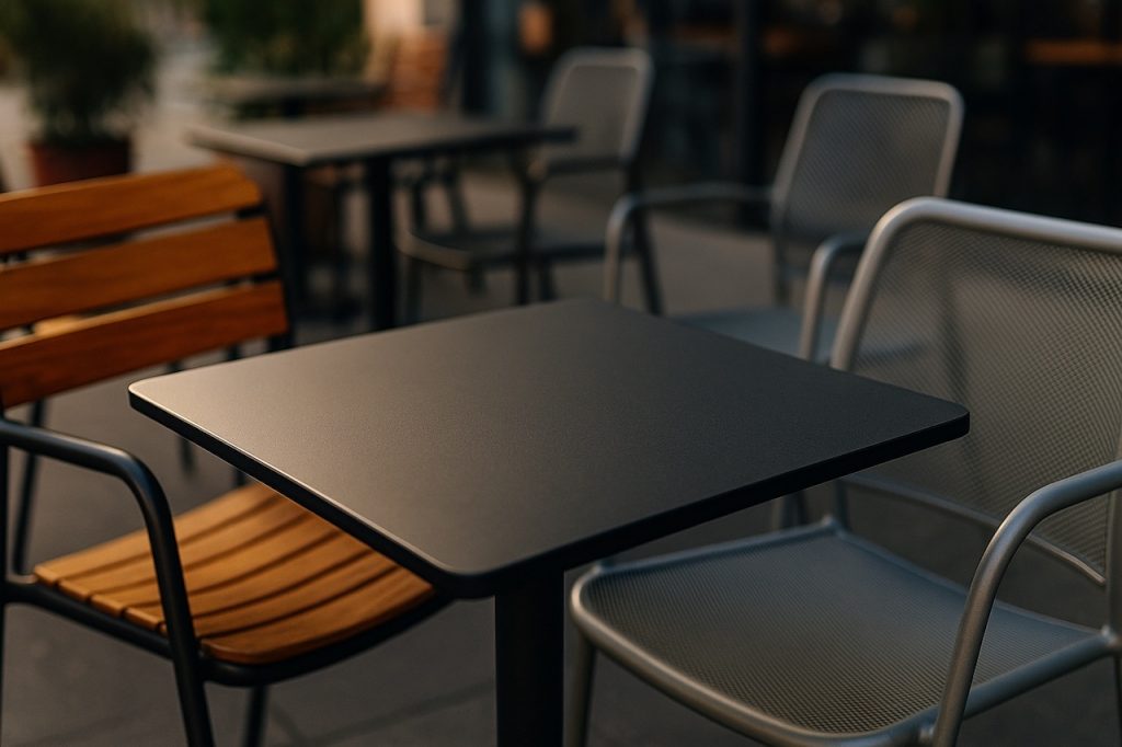 Gros plan réaliste d’une table de terrasse en HPL avec une chaise en aluminium et une assise en teck, mettant en valeur les textures et matériaux sous une lumière douce de fin de journée.