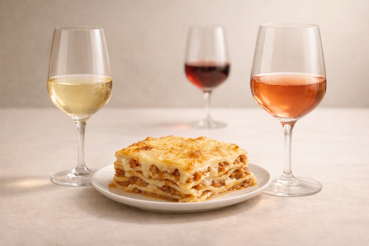 Accords vin avec lasagnes : verre de vin blanc, rosé et rouge autour d’une portion de lasagne