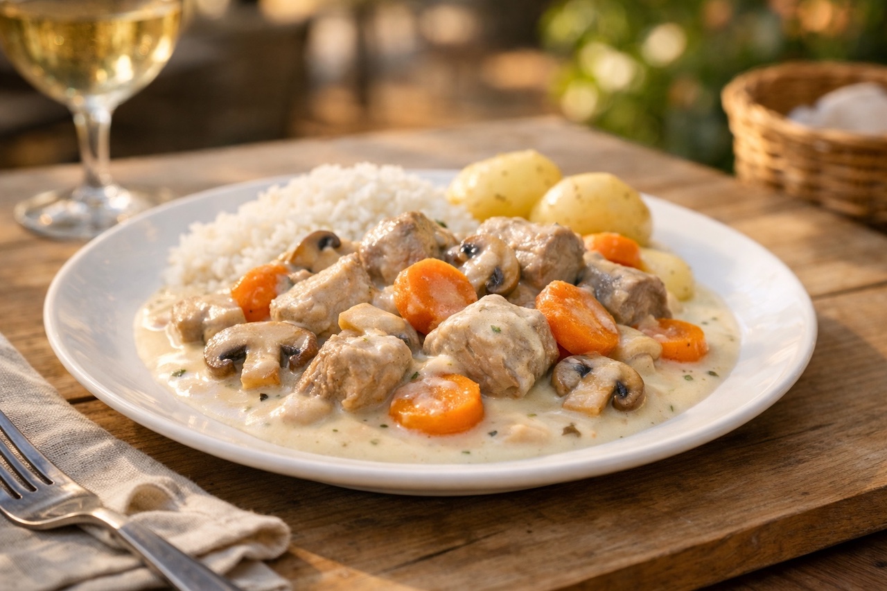 Blanquette de veau au Cookeo servie en terrasse, sauce blanche onctueuse, carottes et champignons, avec riz