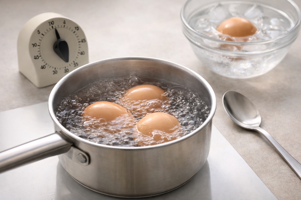 Étapes de cuisson de l’œuf mollet : casserole frémissante, minuteur et bain d’eau glacée
