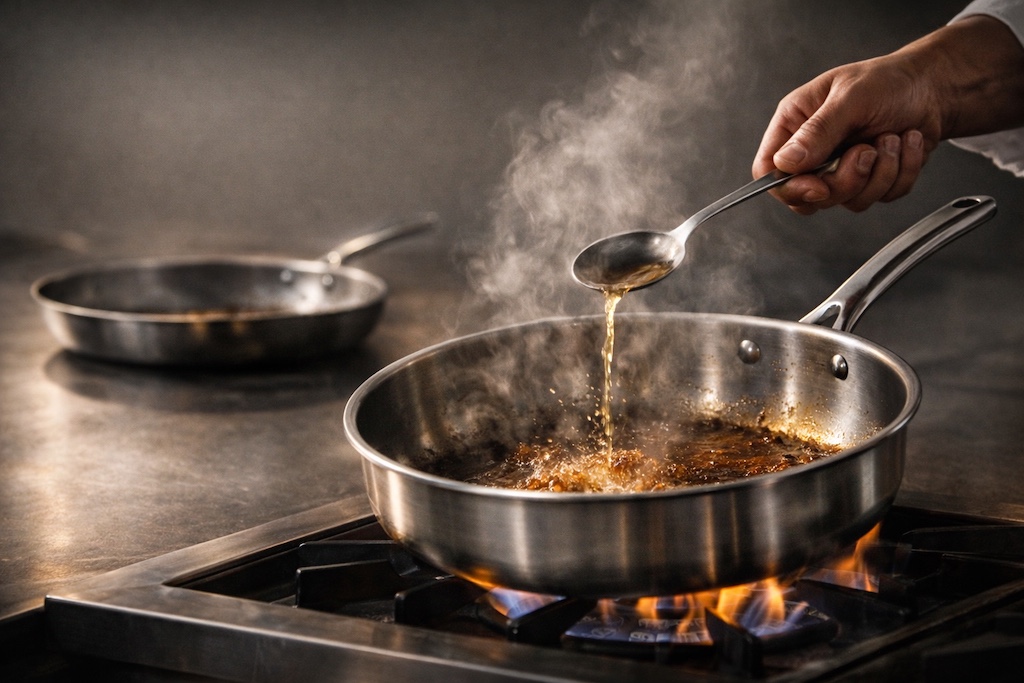 Main de chef déglace une sauteuse inox à poignée rivetée sur flamme, avec une poêle floutée en arrière-plan
