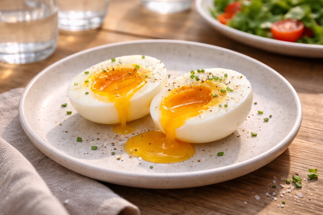 Œuf mollet coupé avec jaune coulant sur assiette en céramique, ambiance brunch en terrasse