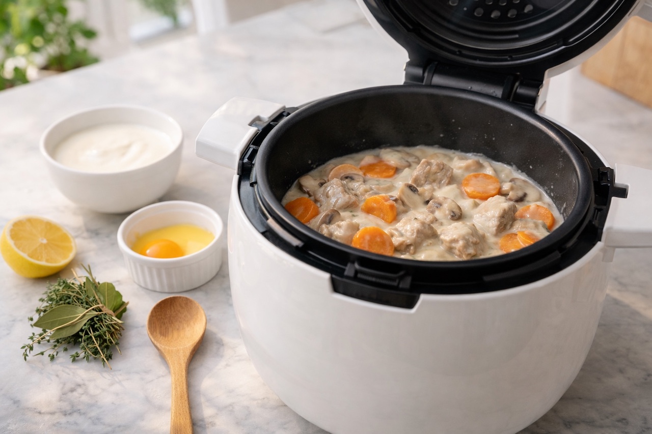 Préparation d’une blanquette de veau au Cookeo : veau, carottes, champignons et sauce blanche, crème, jaune d’œuf et citron