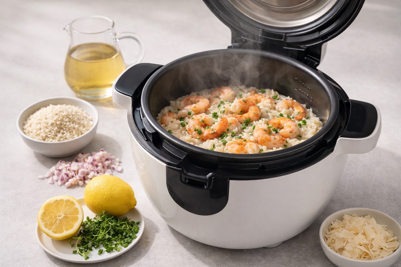 Cookeo ouvert avec risotto aux crevettes crémeux, vapeur légère et ingrédients autour : riz arborio, bouillon, échalote, parmesan, citron