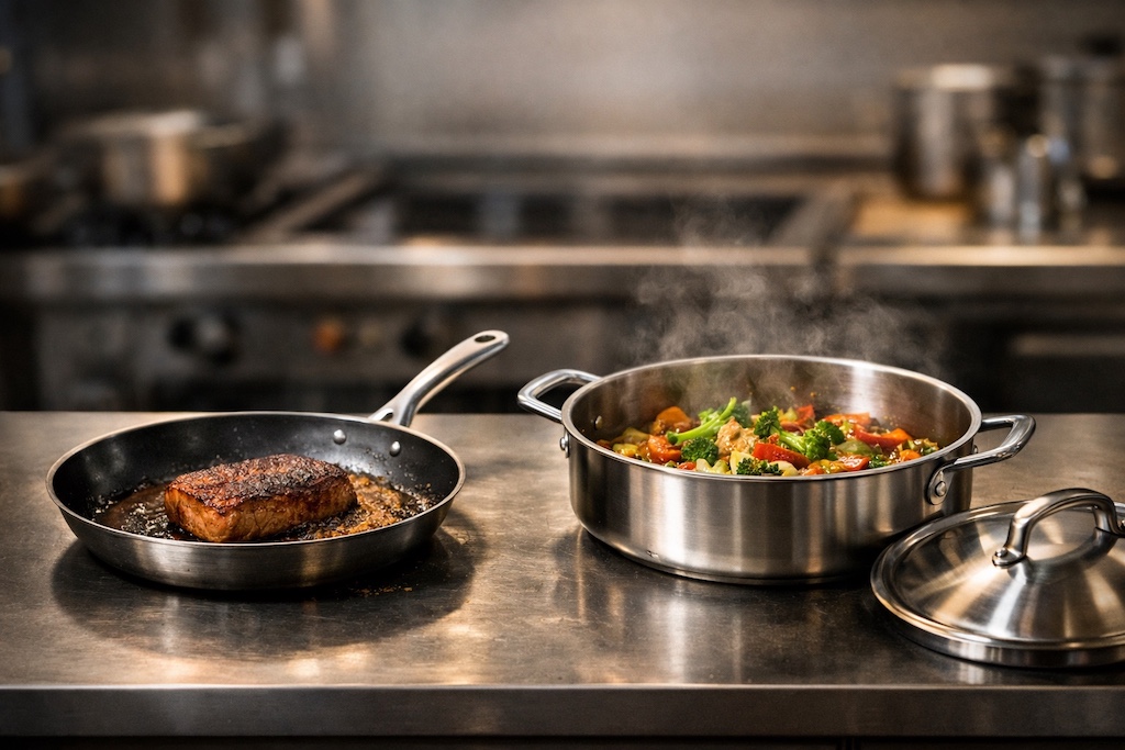 Poêle en inox avec viande saisie et sauteuse inox à bords hauts avec légumes et sauce en réduction en cuisine professionnelle