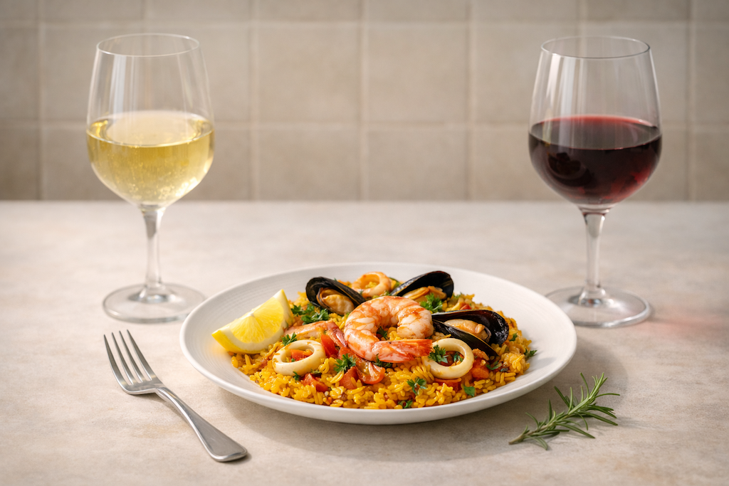 vin avec une paëlla dans une assiette