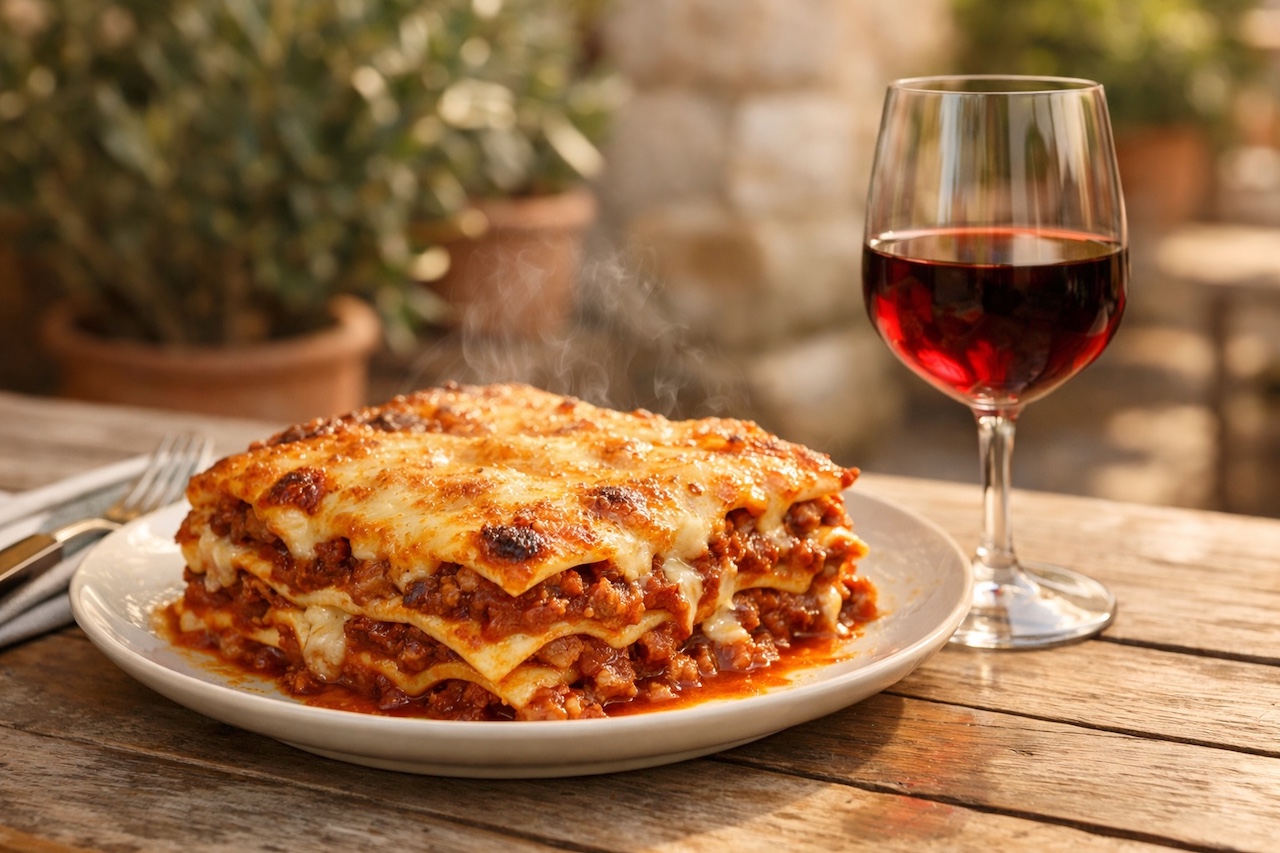 vin-lasagne-accord-rouge-terrasse-italienne Lasagne bolognaise gratinée et verre de vin rouge fruité sur une terrasse italienne ensoleillée