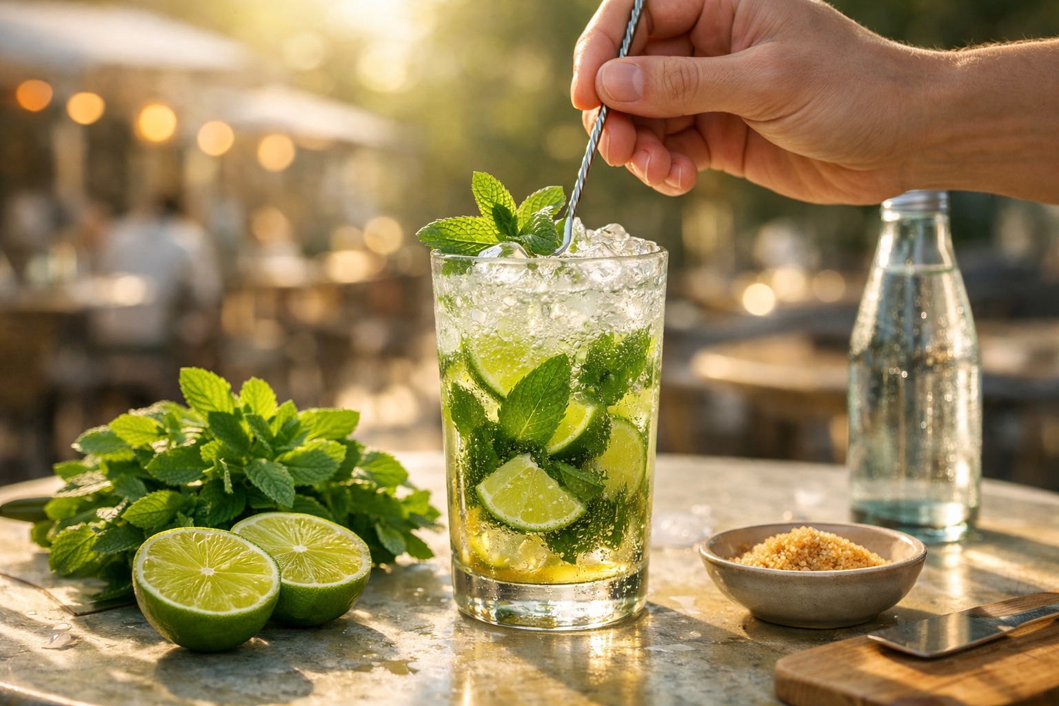 Mojito frais servi en terrasse, avec menthe, citron vert, glace pilée et eau gazeuse