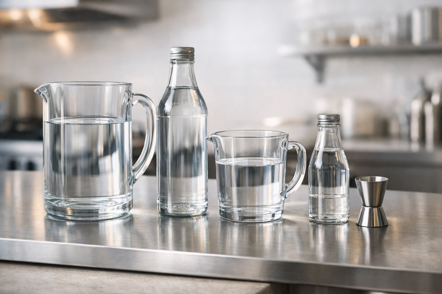 Tableau de conversion litre illustré avec pichets et bouteilles gradués en cuisine professionnelle Contenants gradués transparents avec différents volumes d’eau alignés sur un plan de travail en cuisine professionnelle